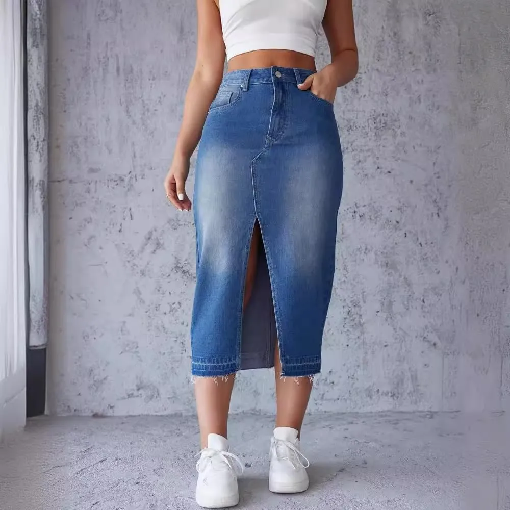 Women's High Waisted A Line Casual Loose Slit Denim Soft Midi Frayed Raw Hem Jean Skirt with Pockets