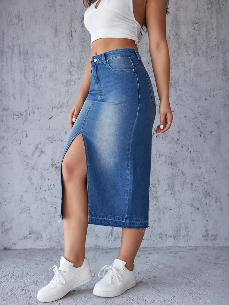Women's High Waisted A Line Casual Loose Slit Denim Soft Midi Frayed Raw Hem Jean Skirt with Pockets