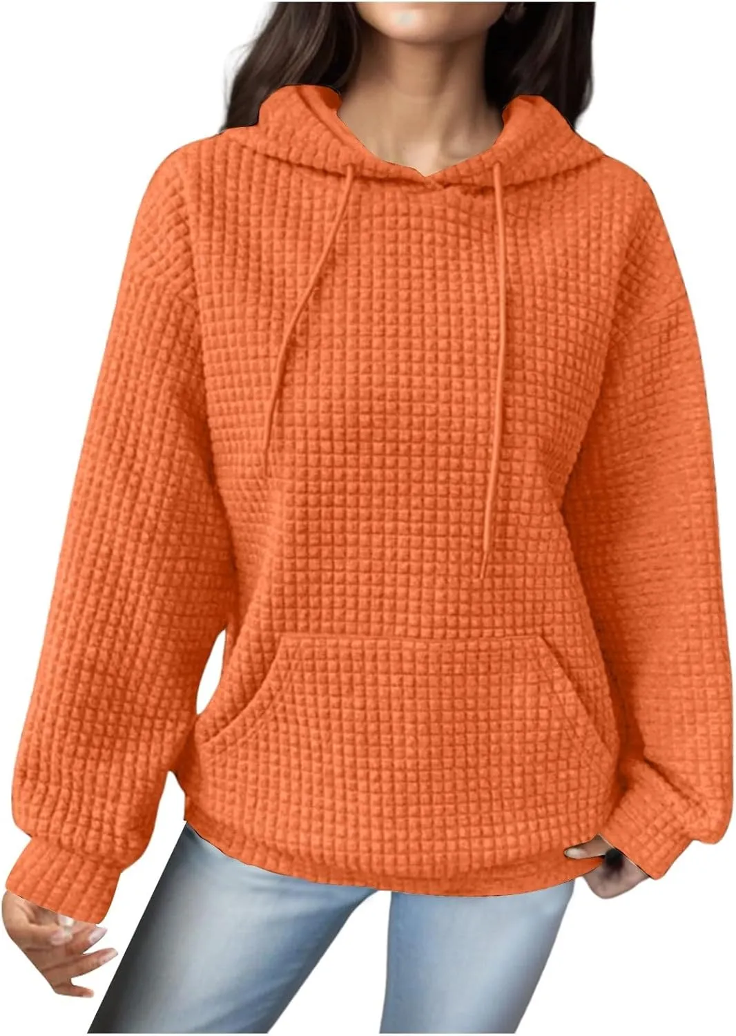 Womens Hoodies Casual Long Sleeve Waffle Knit Hooded Sweatshirts Solid Color Drawstring Pullover Sweaters Warm Tops