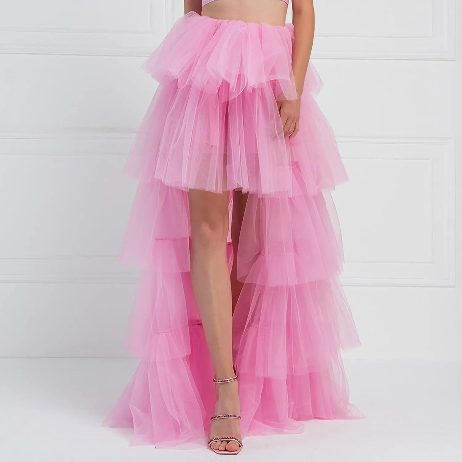 Women's Layered Tulle Long Skirt High Waist Maxi Skirt High Low Hem Tiered Long Skirts for Wedding Party Club