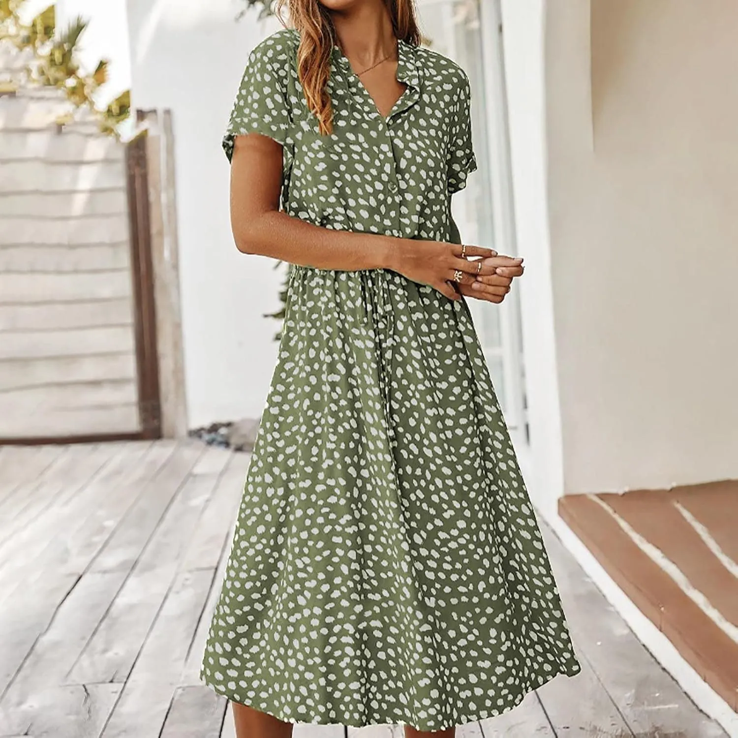 Women's Leopard Print Summer Dress Casual Floral Tie Front Button Up Boho Midi Tshirt Dresses Flowy Party Beach Dress