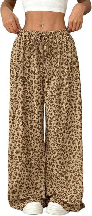 Women's Leopard Wide Leg Baggy Pants Drawstring Waist Y2K Sweatpants Casual Long Trousers