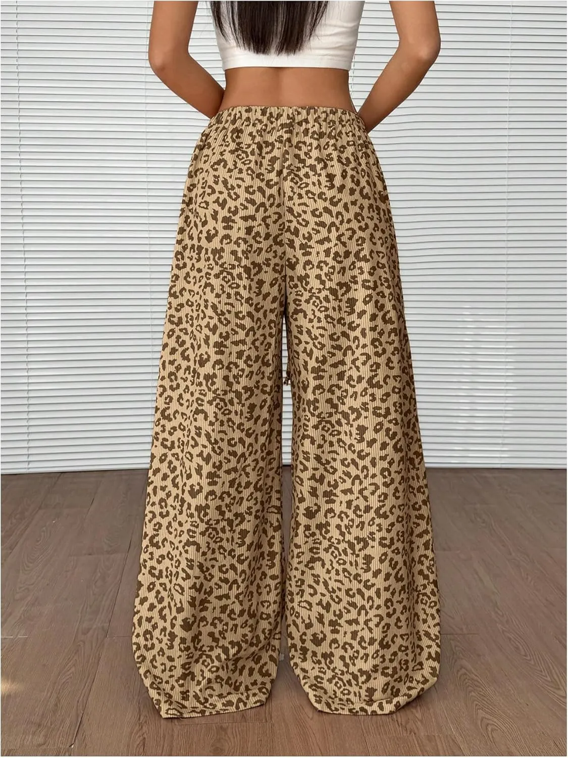 Women's Leopard Wide Leg Baggy Pants Drawstring Waist Y2K Sweatpants Casual Long Trousers