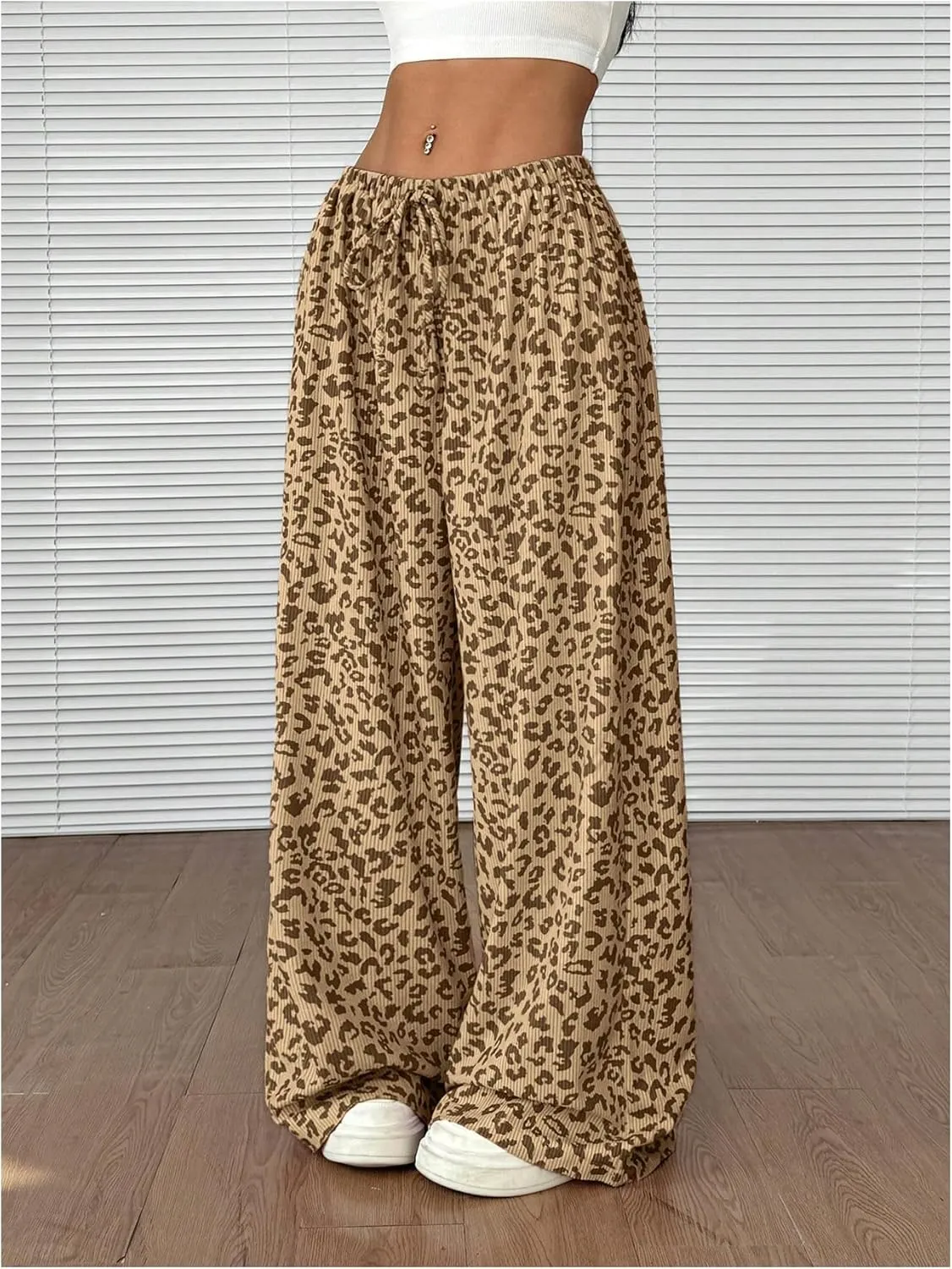Women's Leopard Wide Leg Baggy Pants Drawstring Waist Y2K Sweatpants Casual Long Trousers