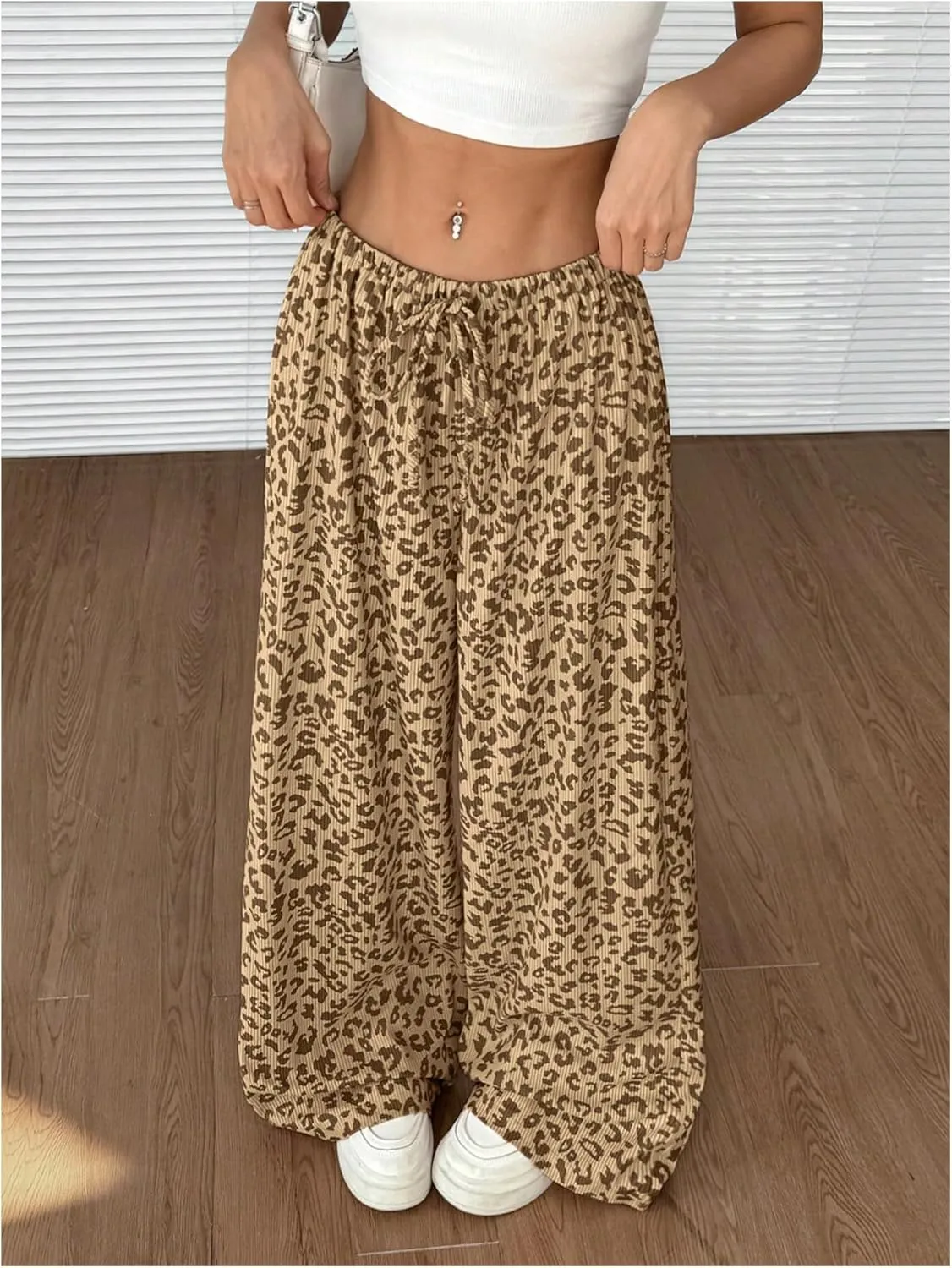 Women's Leopard Wide Leg Baggy Pants Drawstring Waist Y2K Sweatpants Casual Long Trousers