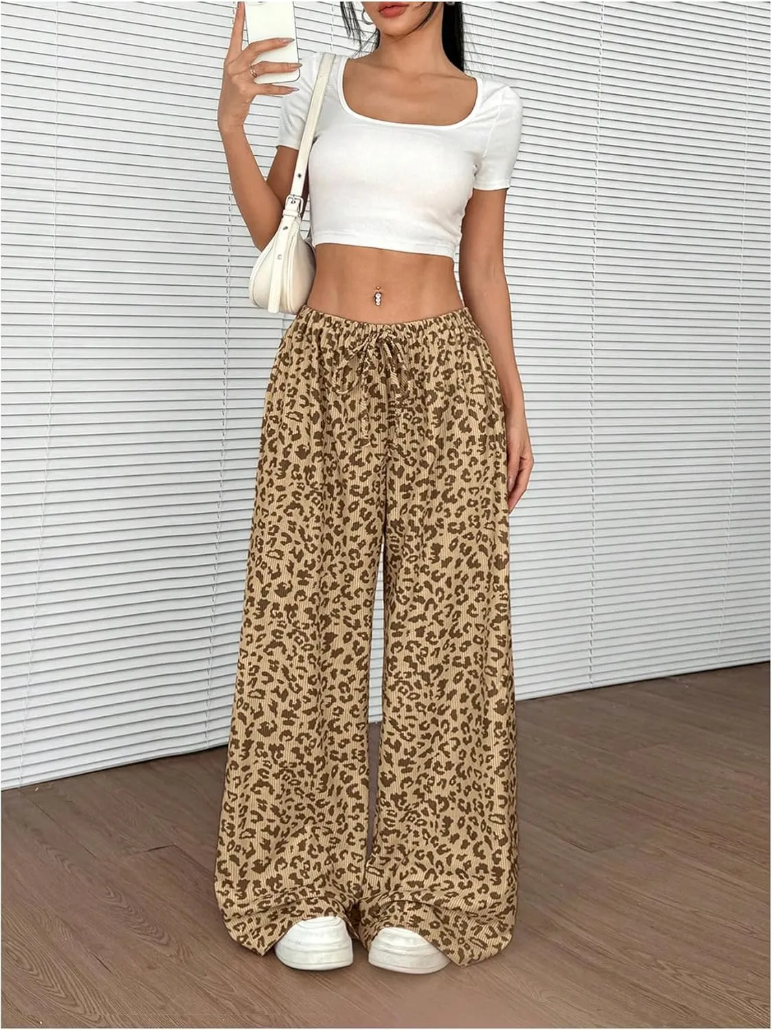 Women's Leopard Wide Leg Baggy Pants Drawstring Waist Y2K Sweatpants Casual Long Trousers
