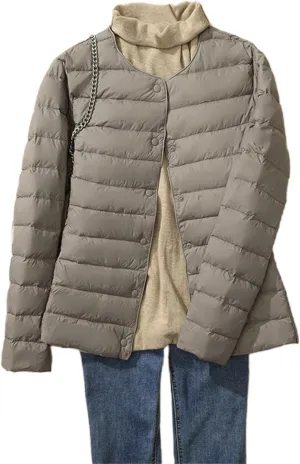 Womens Lightweight Puffer Jackets Fashion Collarless Button Down Jacket Packable Loose Winter Warm Down Coats