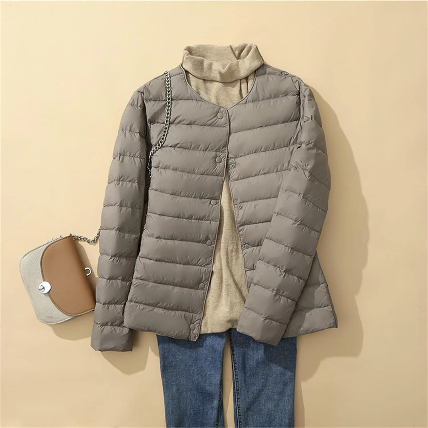 Womens Lightweight Puffer Jackets Fashion Collarless Button Down Jacket Packable Loose Winter Warm Down Coats