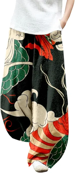 Womens Linen Pants Baggy Wide Leg Pants with Pockets Chinese Dragon Flowy Harem Lantern Trousers Elastic Waist