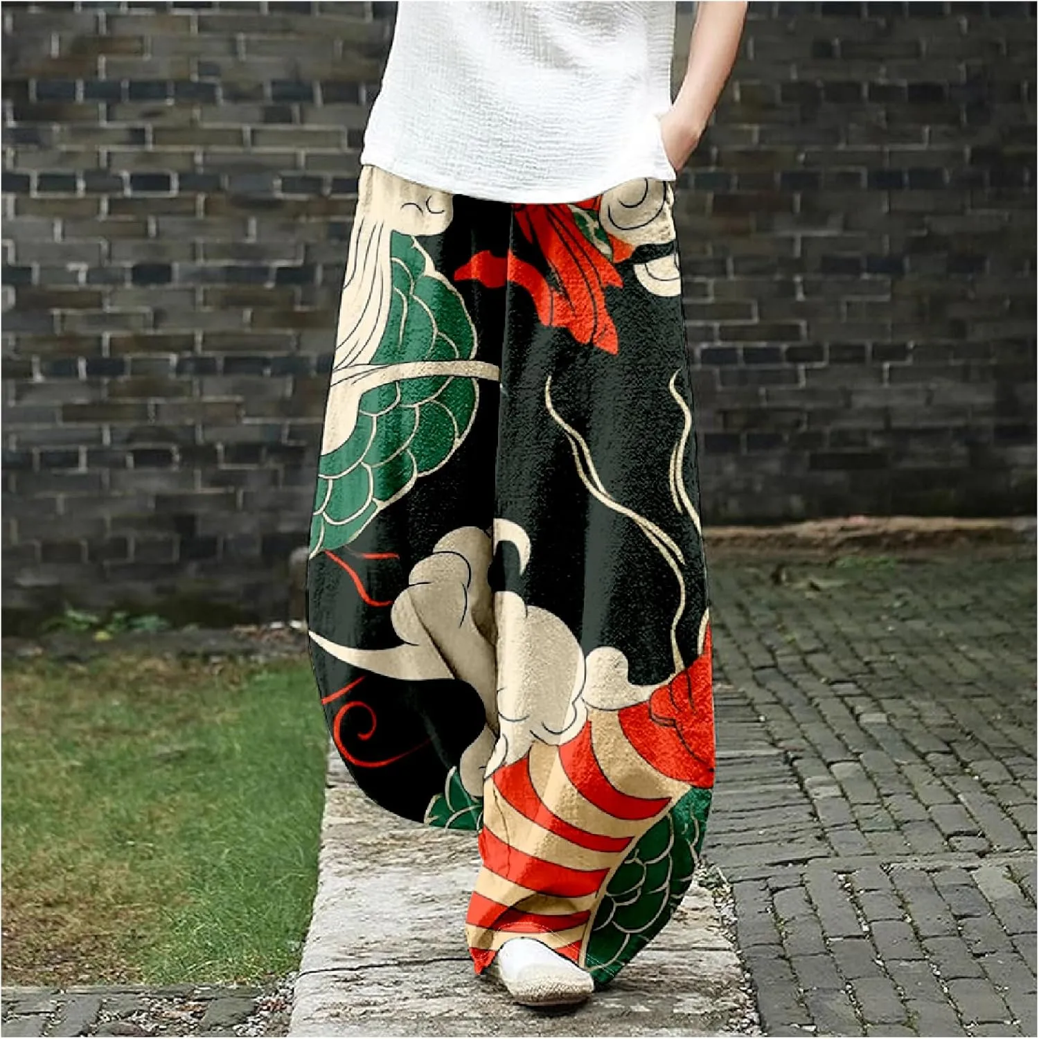 Womens Linen Pants Baggy Wide Leg Pants with Pockets Chinese Dragon Flowy Harem Lantern Trousers Elastic Waist