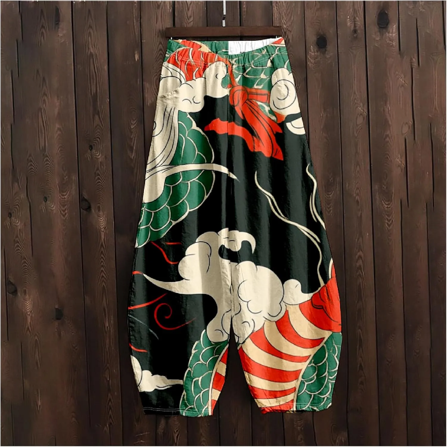 Womens Linen Pants Baggy Wide Leg Pants with Pockets Chinese Dragon Flowy Harem Lantern Trousers Elastic Waist