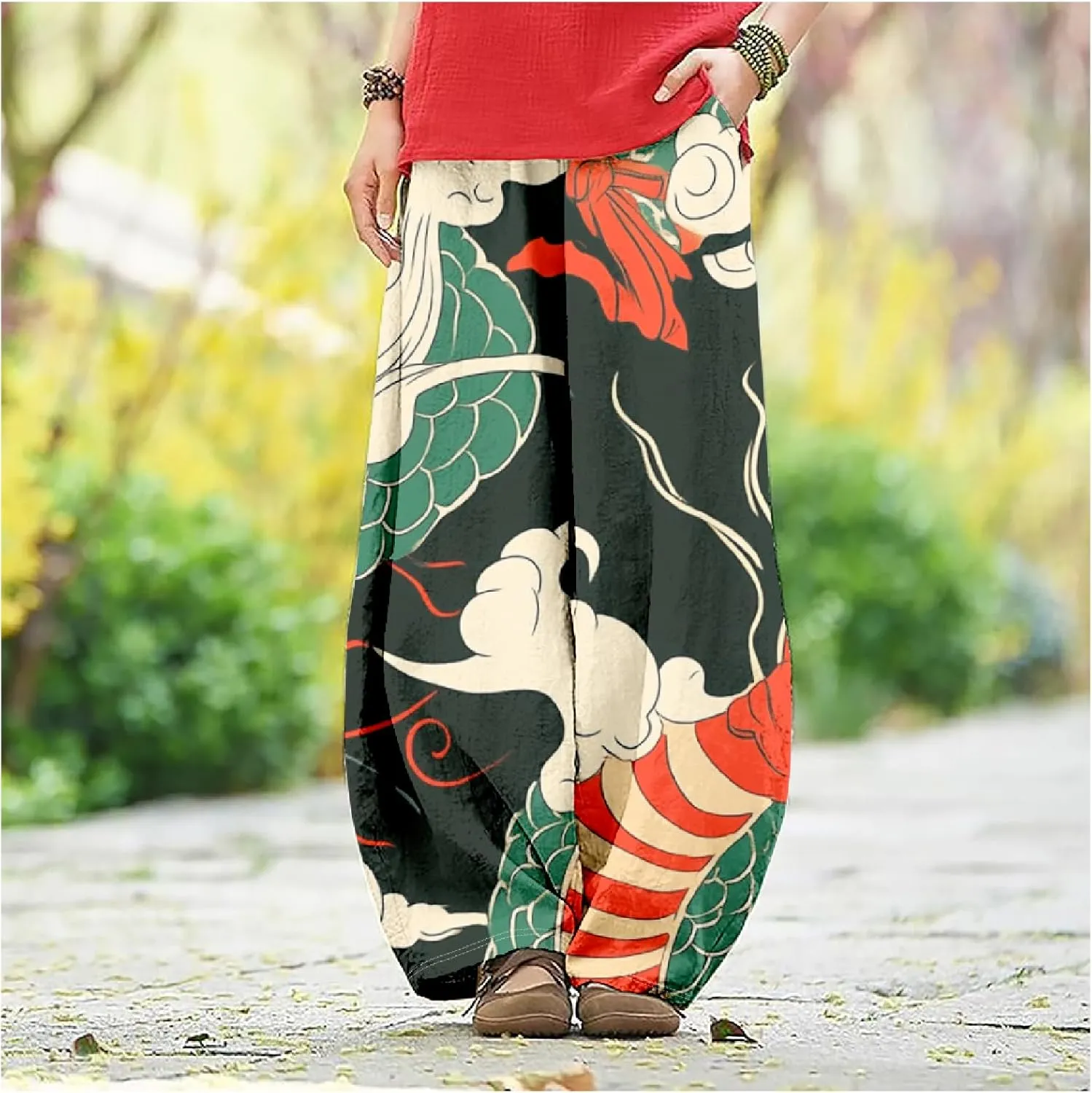 Womens Linen Pants Baggy Wide Leg Pants with Pockets Chinese Dragon Flowy Harem Lantern Trousers Elastic Waist