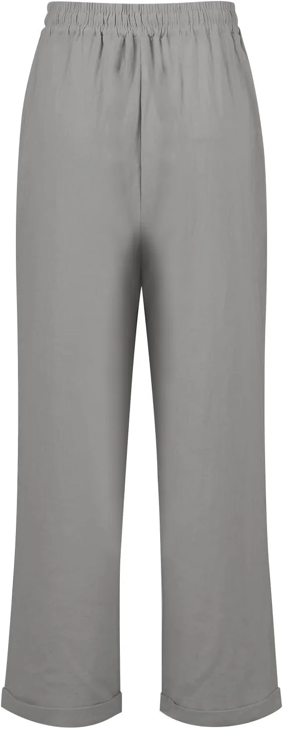Womens Linen Pants Casual Straight Leg Lounge Pants Elastic High Waisted Drawstring Lightweight Trousers with Pockets