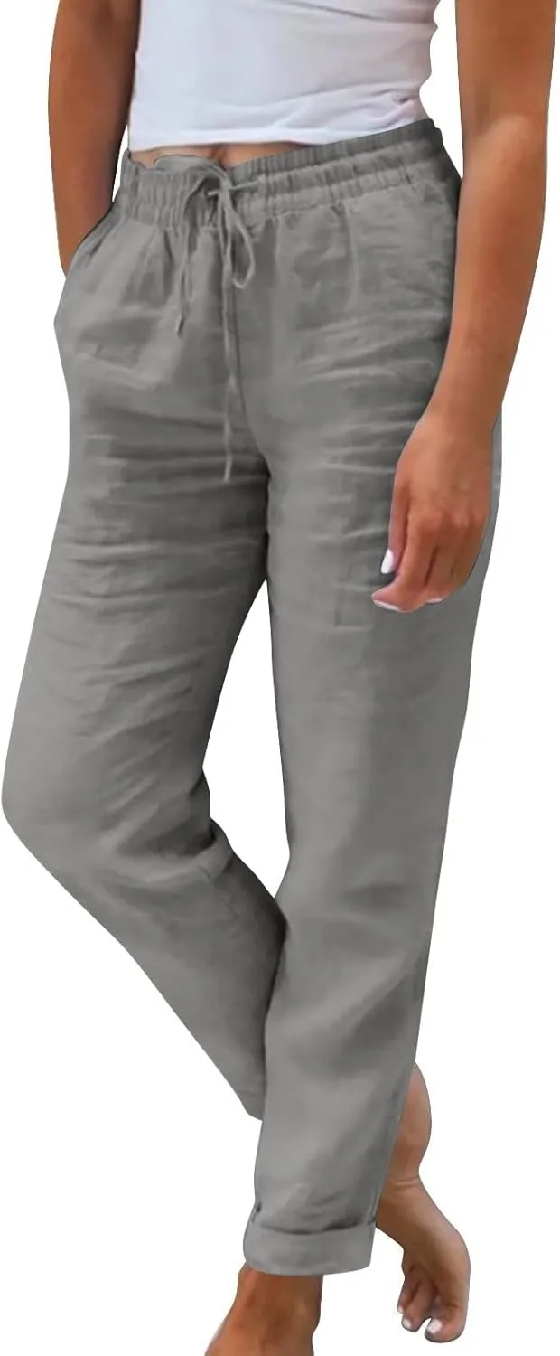 Womens Linen Pants Casual Straight Leg Lounge Pants Elastic High Waisted Drawstring Lightweight Trousers with Pockets