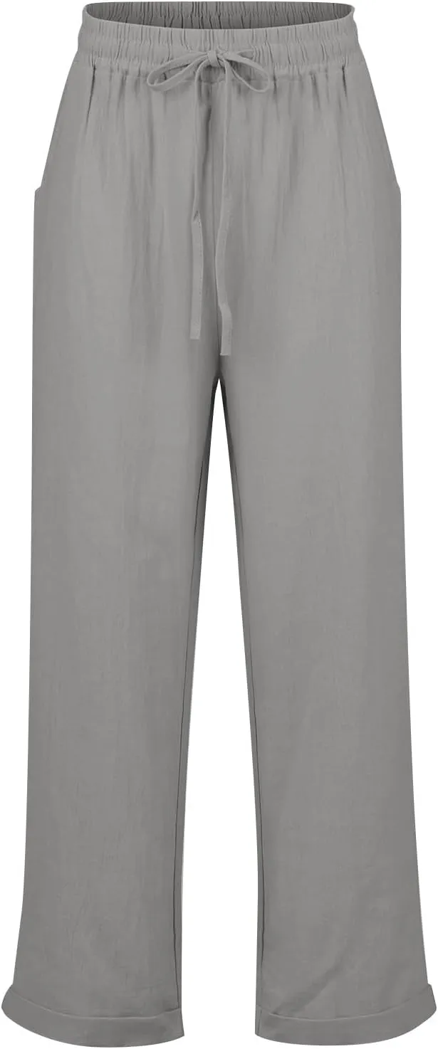 Womens Linen Pants Casual Straight Leg Lounge Pants Elastic High Waisted Drawstring Lightweight Trousers with Pockets