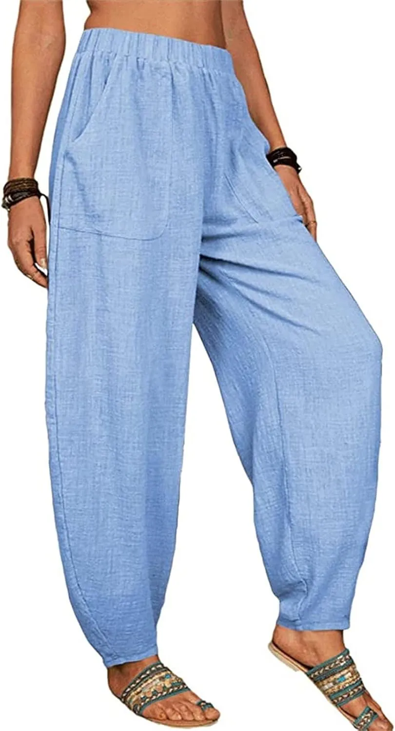 Women's Linen Summer Striped Pants Elastic Waisted Long Lounge Loose Fit Palazzo Lounge Pants Vacation