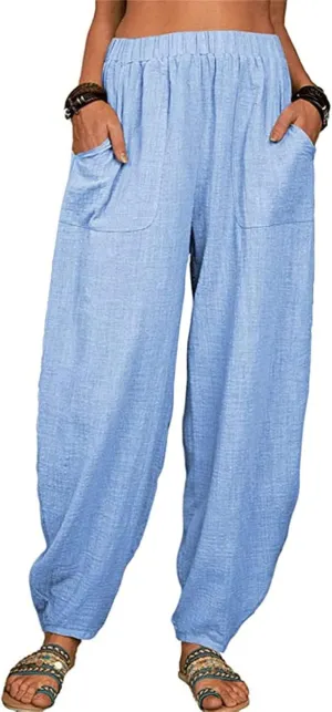 Women's Linen Summer Striped Pants Elastic Waisted Long Lounge Loose Fit Palazzo Lounge Pants Vacation