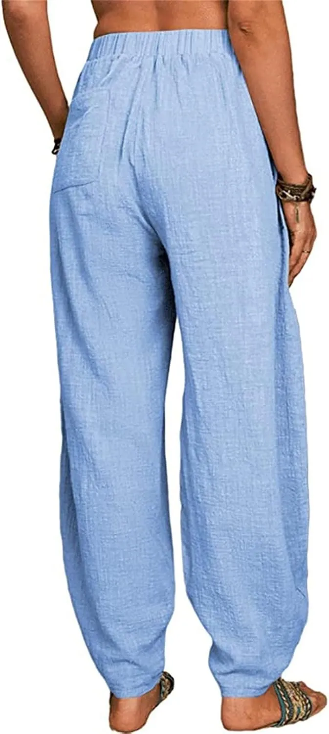 Women's Linen Summer Striped Pants Elastic Waisted Long Lounge Loose Fit Palazzo Lounge Pants Vacation