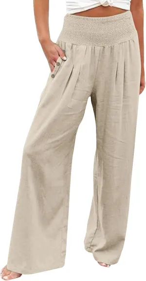 Womens Linen Summer Trendy Palazzo Lounge Pants Low Waist Bootcut Loose Fit Trousers Work Business
