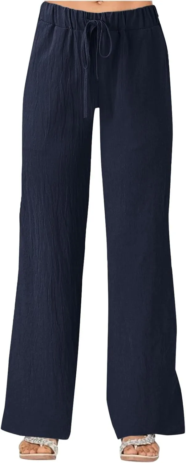 Womens Linen Summer Trendy Palazzo Lounge Pants Low Waist Bootcut Loose Fit Trousers Work Business