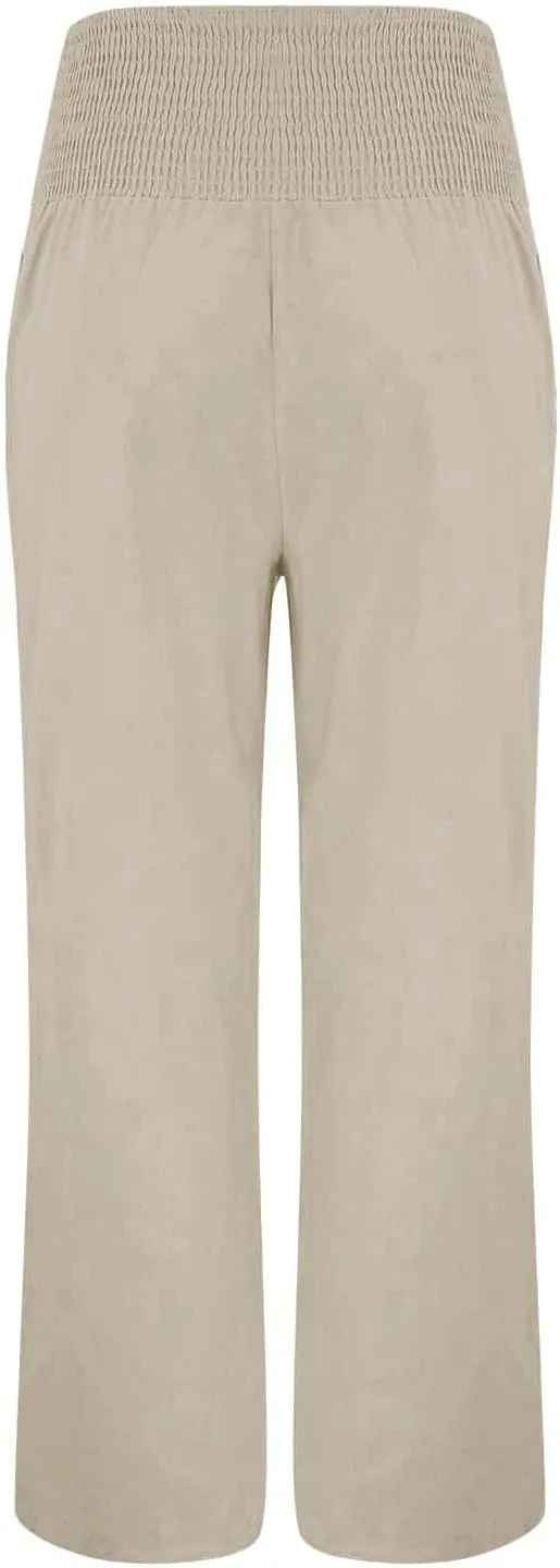 Womens Linen Summer Trendy Palazzo Lounge Pants Low Waist Bootcut Loose Fit Trousers Work Business