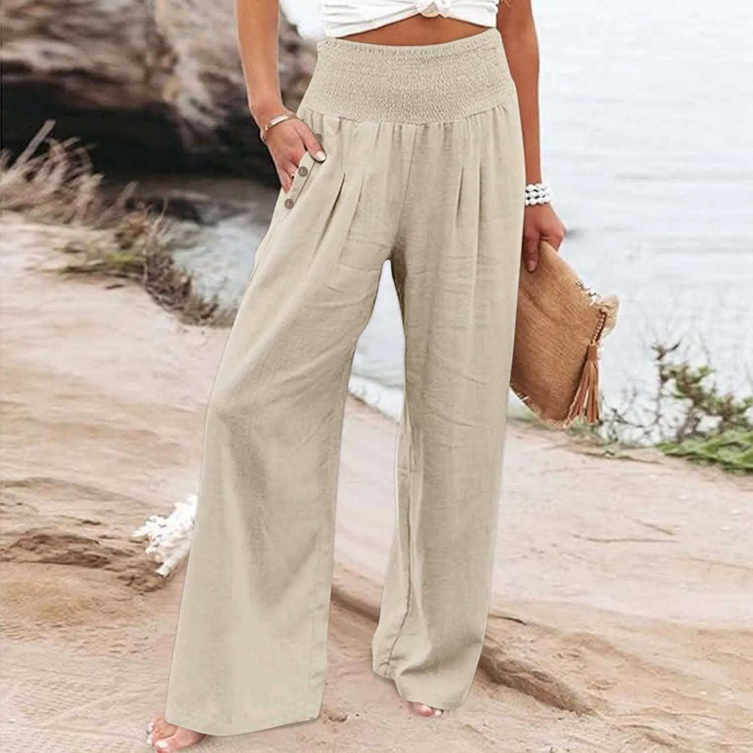 Womens Linen Summer Trendy Palazzo Lounge Pants Low Waist Bootcut Loose Fit Trousers Work Business
