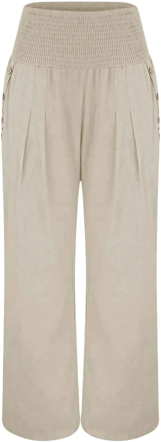 Womens Linen Summer Trendy Palazzo Lounge Pants Low Waist Bootcut Loose Fit Trousers Work Business