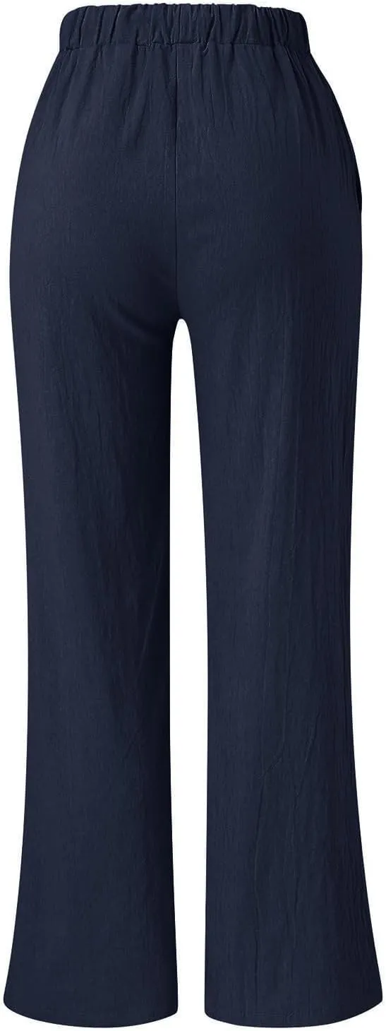 Womens Linen Summer Trendy Palazzo Lounge Pants Low Waist Bootcut Loose Fit Trousers Work Business