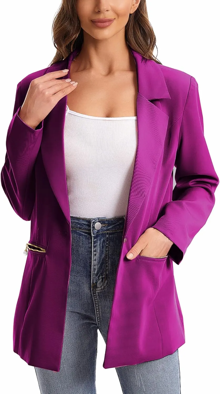 Women's Long Sleeve Open Front Blazer with Zipper Pockets