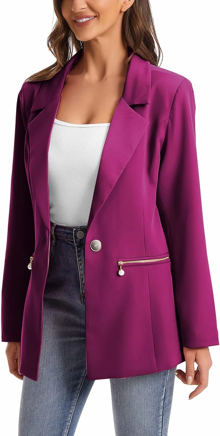 Women's Long Sleeve Open Front Blazer with Zipper Pockets