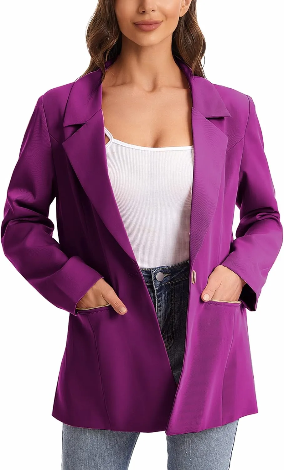 Women's Long Sleeve Open Front Blazer with Zipper Pockets