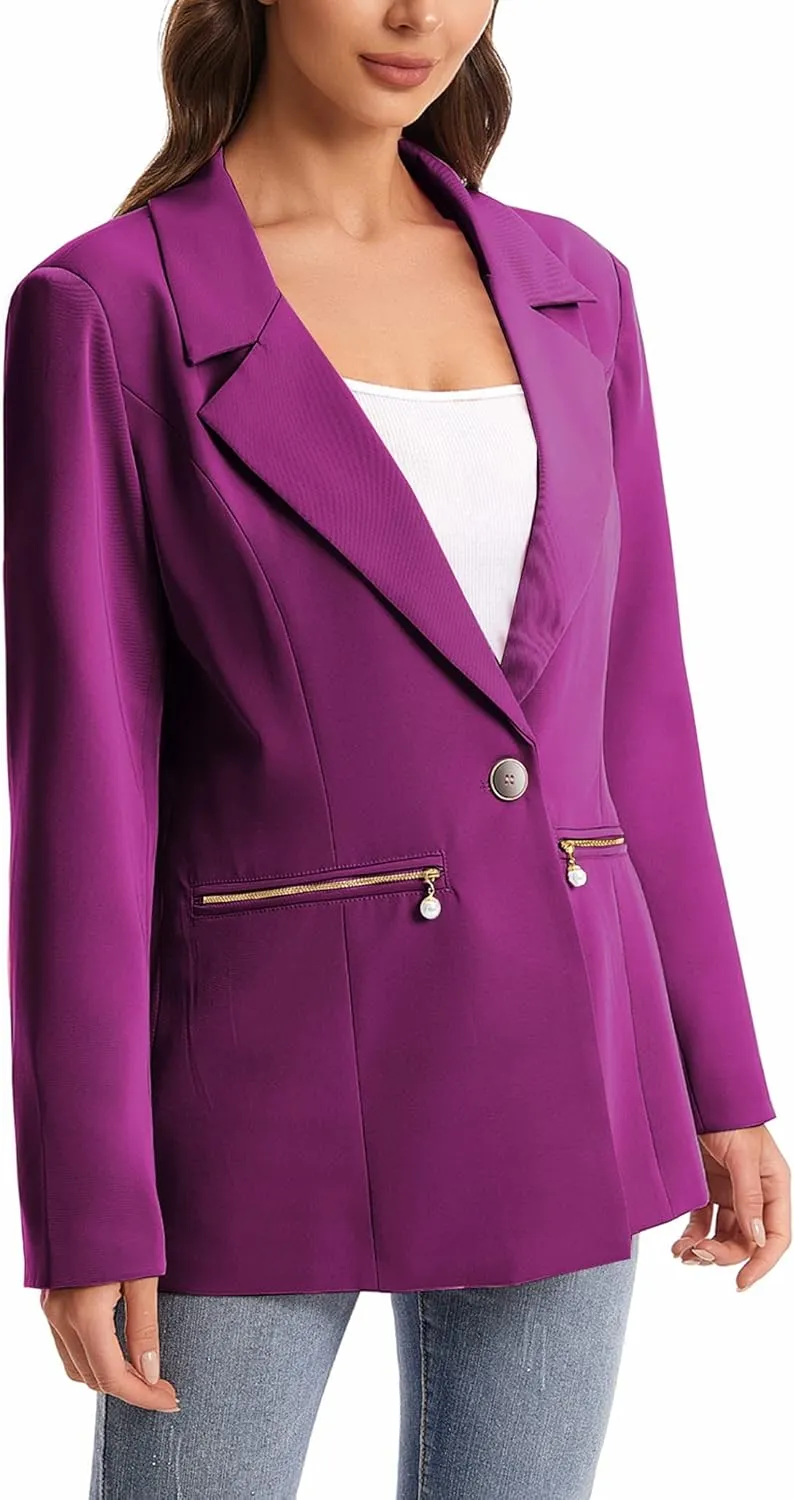 Women's Long Sleeve Open Front Blazer with Zipper Pockets