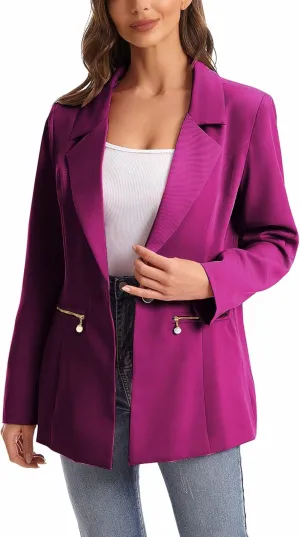 Women's Long Sleeve Open Front Blazer with Zipper Pockets