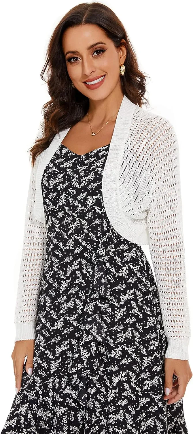 Women's Long Sleeve Open Front Bolero Shrug Lightweight Knit Hollow Out Cropped Cardigan