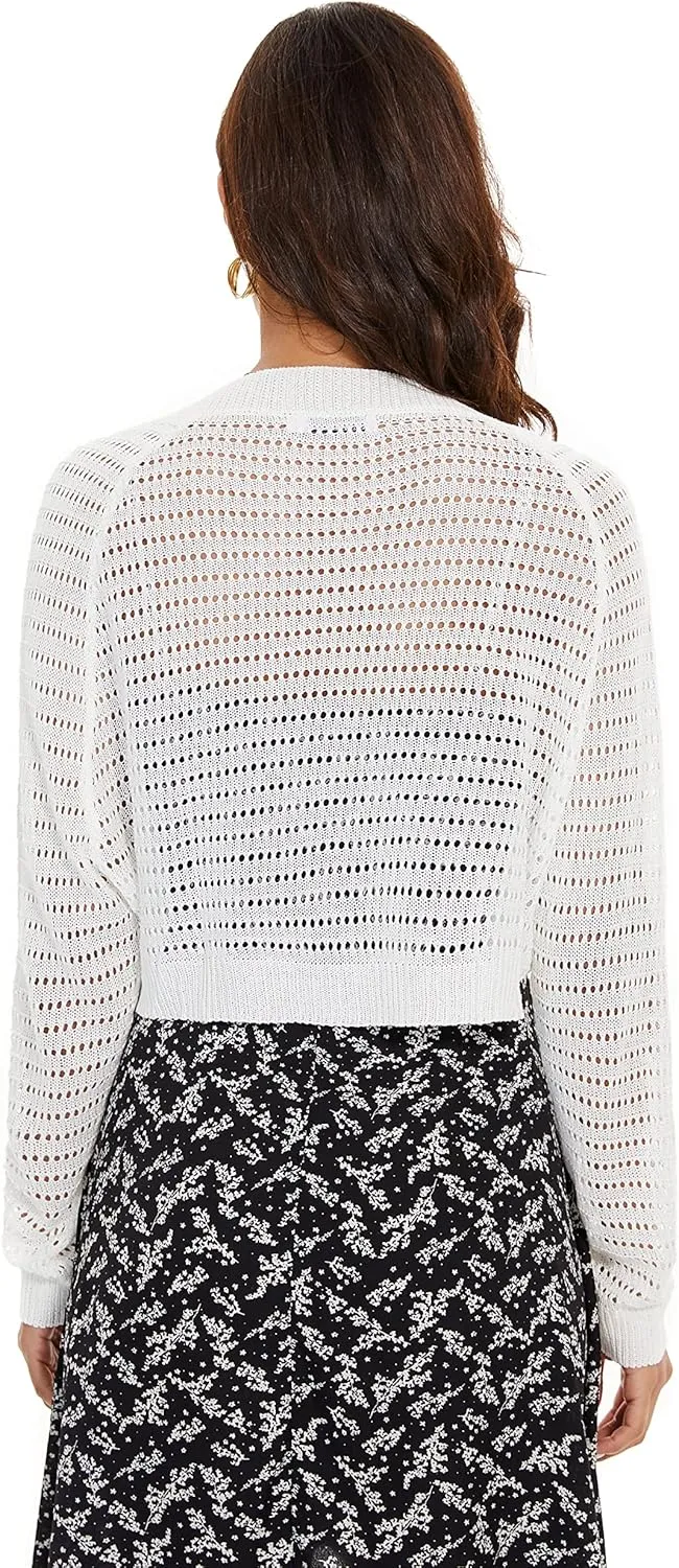 Women's Long Sleeve Open Front Bolero Shrug Lightweight Knit Hollow Out Cropped Cardigan
