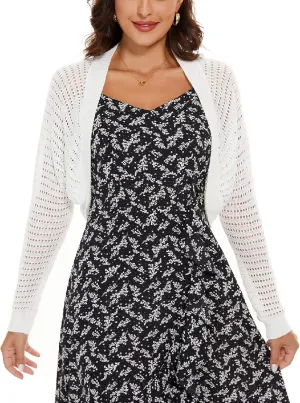 Women's Long Sleeve Open Front Bolero Shrug Lightweight Knit Hollow Out Cropped Cardigan