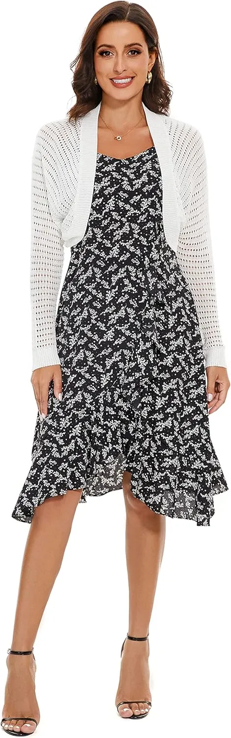 Women's Long Sleeve Open Front Bolero Shrug Lightweight Knit Hollow Out Cropped Cardigan