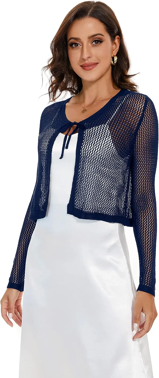 Women's Long Sleeve Tie Open Front Bolero Shrug Lightweight Knit Hollow Out Cropped Cardigan