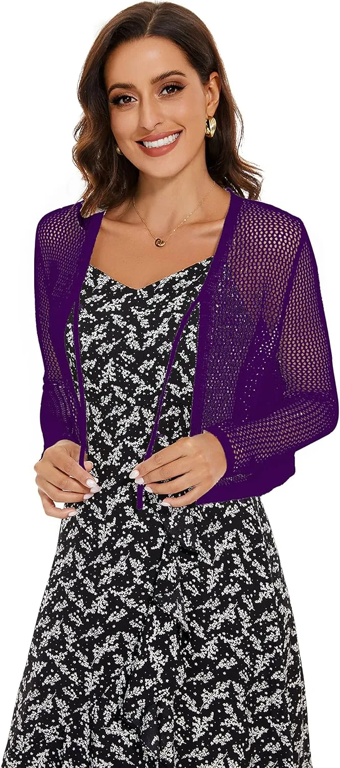 Women's Long Sleeve Tie Open Front Bolero Shrug Lightweight Knit Hollow Out Cropped Cardigan