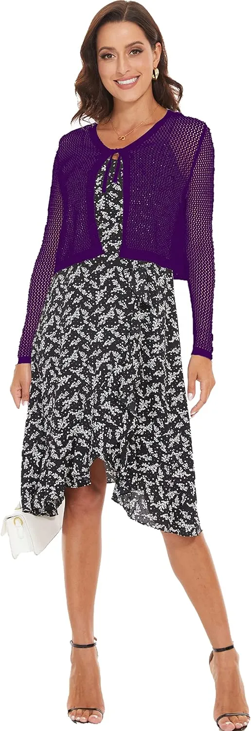 Women's Long Sleeve Tie Open Front Bolero Shrug Lightweight Knit Hollow Out Cropped Cardigan