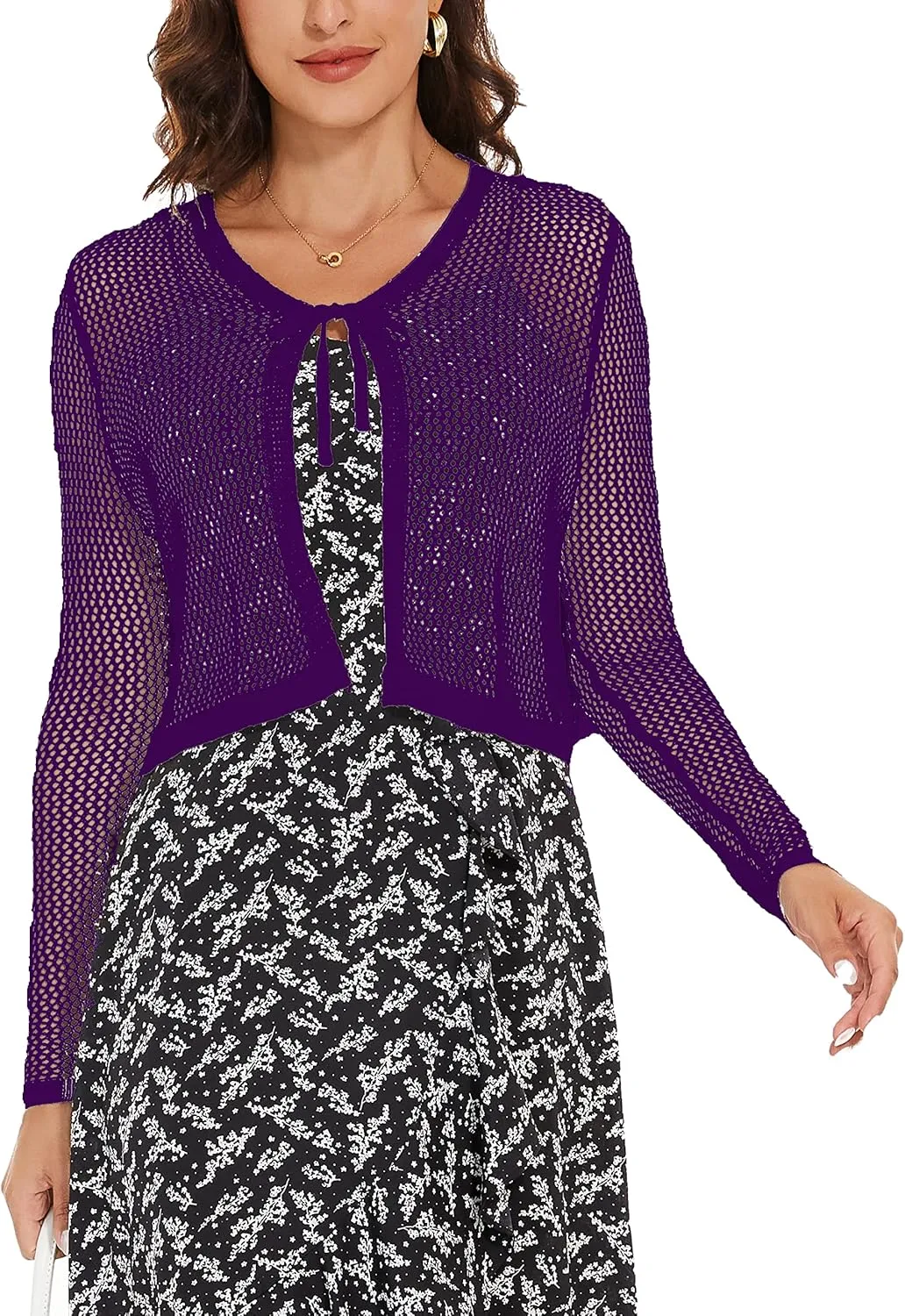 Women's Long Sleeve Tie Open Front Bolero Shrug Lightweight Knit Hollow Out Cropped Cardigan