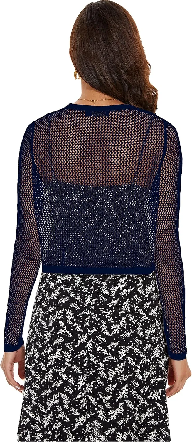 Women's Long Sleeve Tie Open Front Bolero Shrug Lightweight Knit Hollow Out Cropped Cardigan