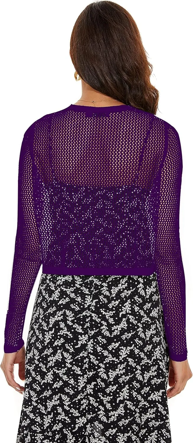 Women's Long Sleeve Tie Open Front Bolero Shrug Lightweight Knit Hollow Out Cropped Cardigan
