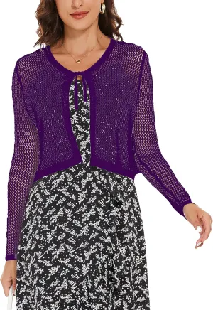 Women's Long Sleeve Tie Open Front Bolero Shrug Lightweight Knit Hollow Out Cropped Cardigan