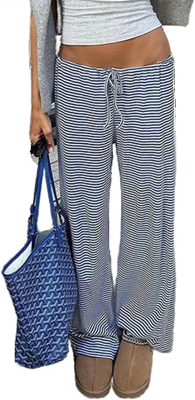 Women's Lounge Striped Wide Leg Pants, Low Rise Baggy Pajama Pants