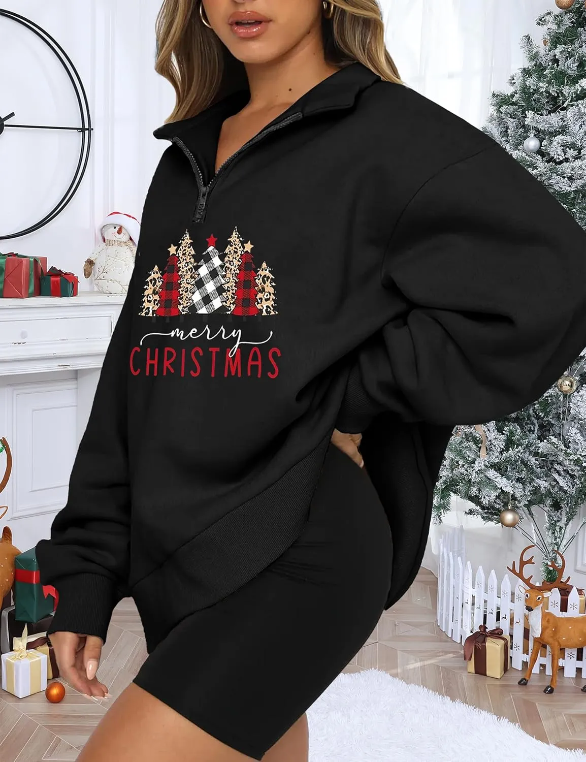 Womens Oversized Christmas Sweatshirt Half Zip Pullover Long Sleeve Quarter Zip Tops Teen Girls Fall Fashion 2024 Y2K Clothes