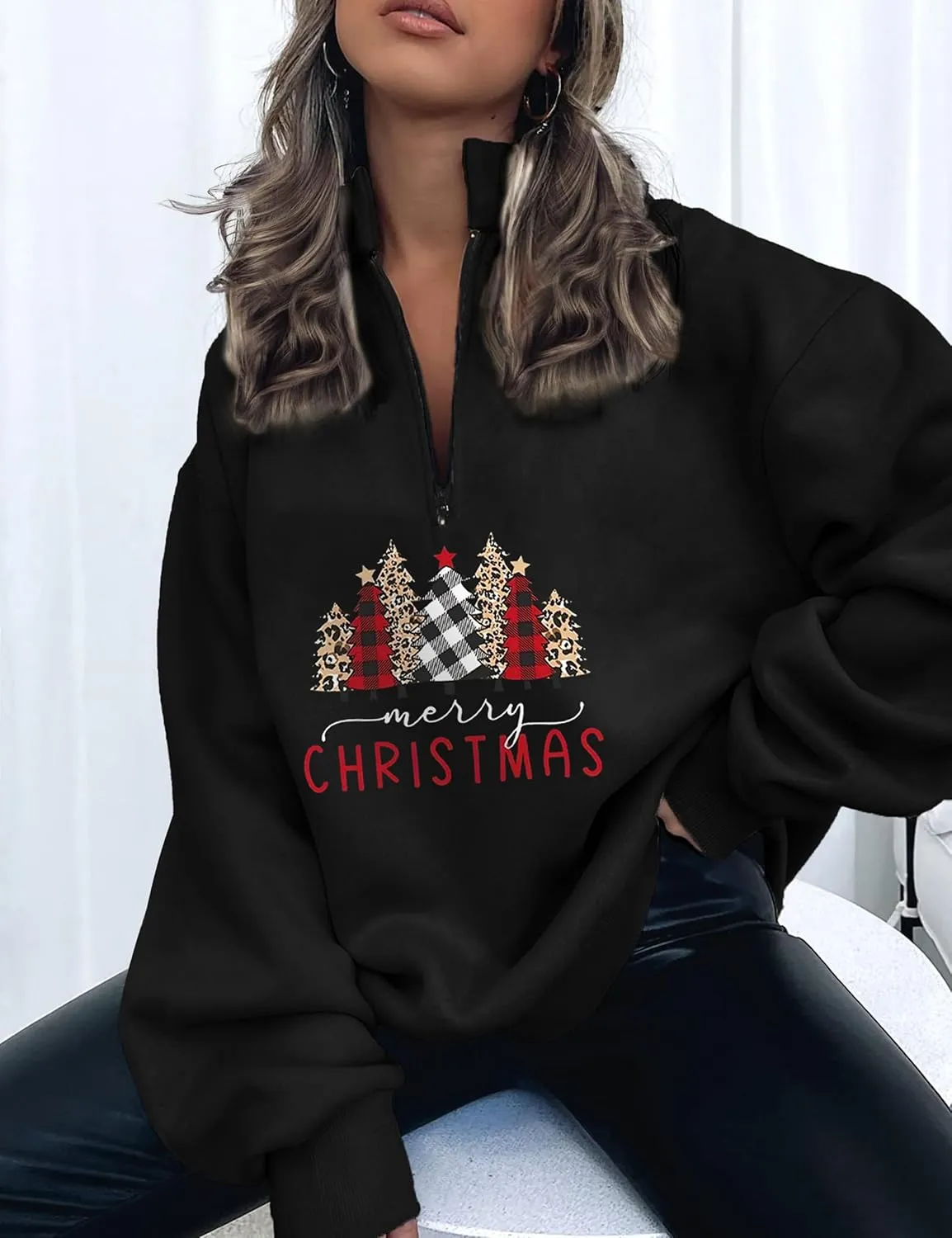 Womens Oversized Christmas Sweatshirt Half Zip Pullover Long Sleeve Quarter Zip Tops Teen Girls Fall Fashion 2024 Y2K Clothes