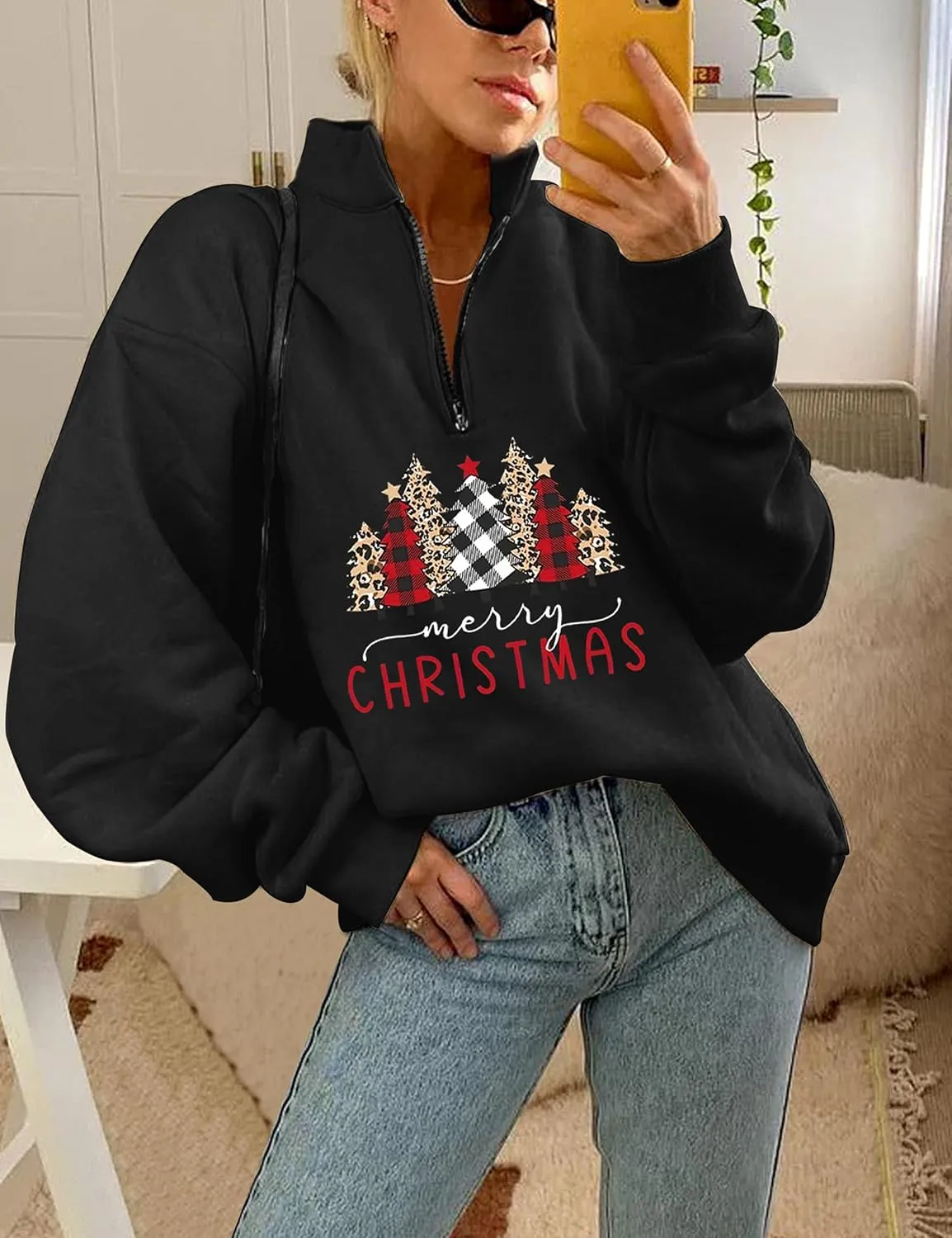 Womens Oversized Christmas Sweatshirt Half Zip Pullover Long Sleeve Quarter Zip Tops Teen Girls Fall Fashion 2024 Y2K Clothes