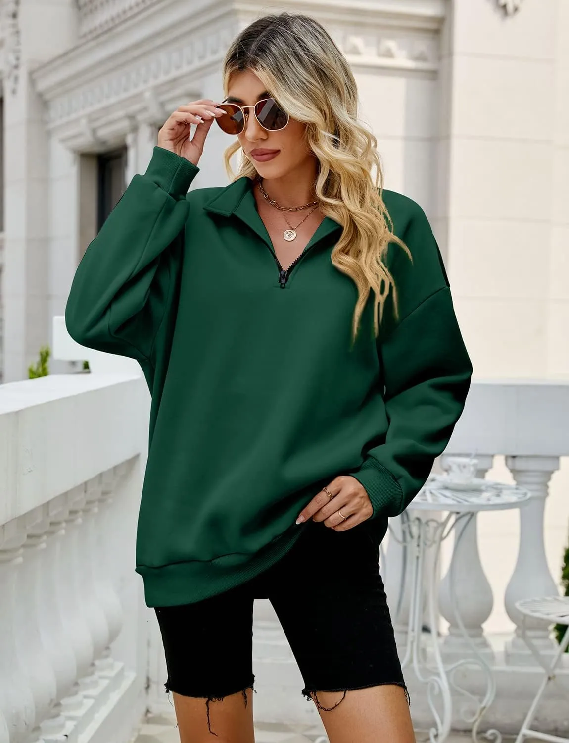 Womens Oversized Half Zip Pullover Quarter Zip Hoodie Lapel Neck Long Sleeve Sweatshirts Teen Girls Trendy Clothes
