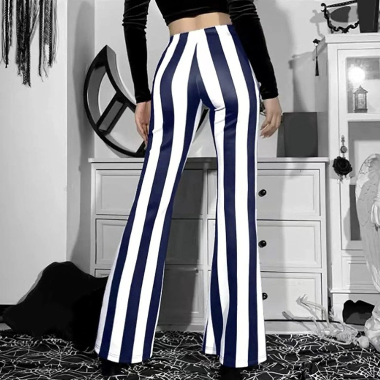 Women's Pants 2024 Fashion High Flare Women Stretch Vertical Bottoms Trousers Long Bell Pants Stripe Waist Plus